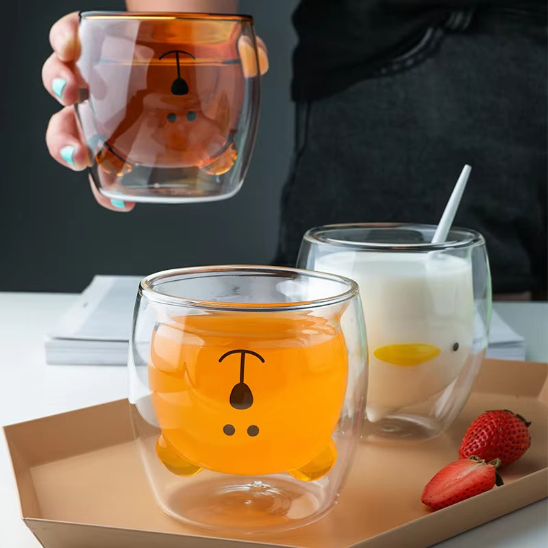 Creative Double Wall Glass Mug Bear Cat Dog Animal Insulated Glass Cup Milk Coffee Cup Juice Cup Birthday Party Christmas Gift