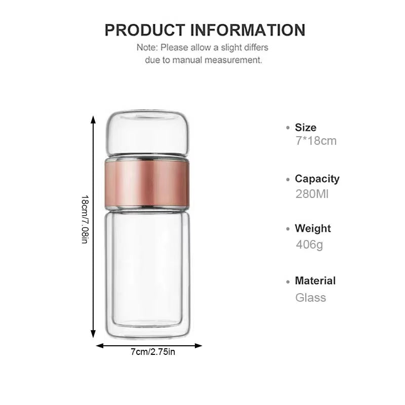 YMEEI 280ML Tea Water Bottle High Borosilicate Glass Double Wall Tea Water Cup Portable Glass Tumbler Stainless Steel Tea Filter