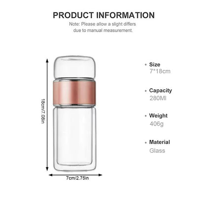 YMEEI 280ML Tea Water Bottle High Borosilicate Glass Double Wall Tea Water Cup Portable Glass Tumbler Stainless Steel Tea Filter