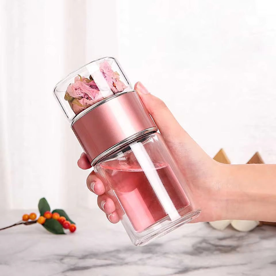 YMEEI 280ML Tea Water Bottle High Borosilicate Glass Double Wall Tea Water Cup Portable Glass Tumbler Stainless Steel Tea Filter