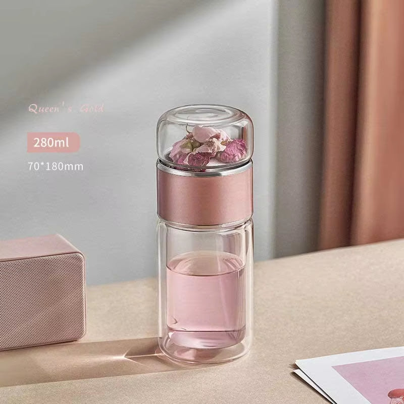 YMEEI 280ML Tea Water Bottle High Borosilicate Glass Double Wall Tea Water Cup Portable Glass Tumbler Stainless Steel Tea Filter