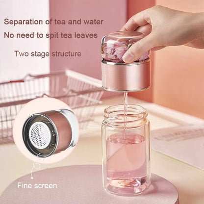 YMEEI 280ML Tea Water Bottle High Borosilicate Glass Double Wall Tea Water Cup Portable Glass Tumbler Stainless Steel Tea Filter