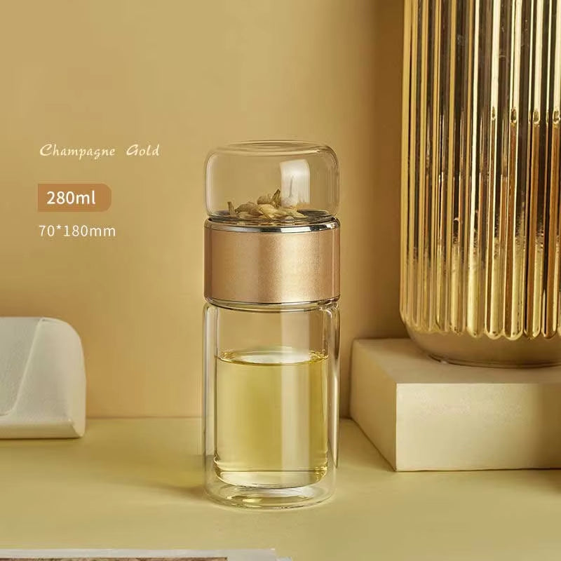 YMEEI 280ML Tea Water Bottle High Borosilicate Glass Double Wall Tea Water Cup Portable Glass Tumbler Stainless Steel Tea Filter