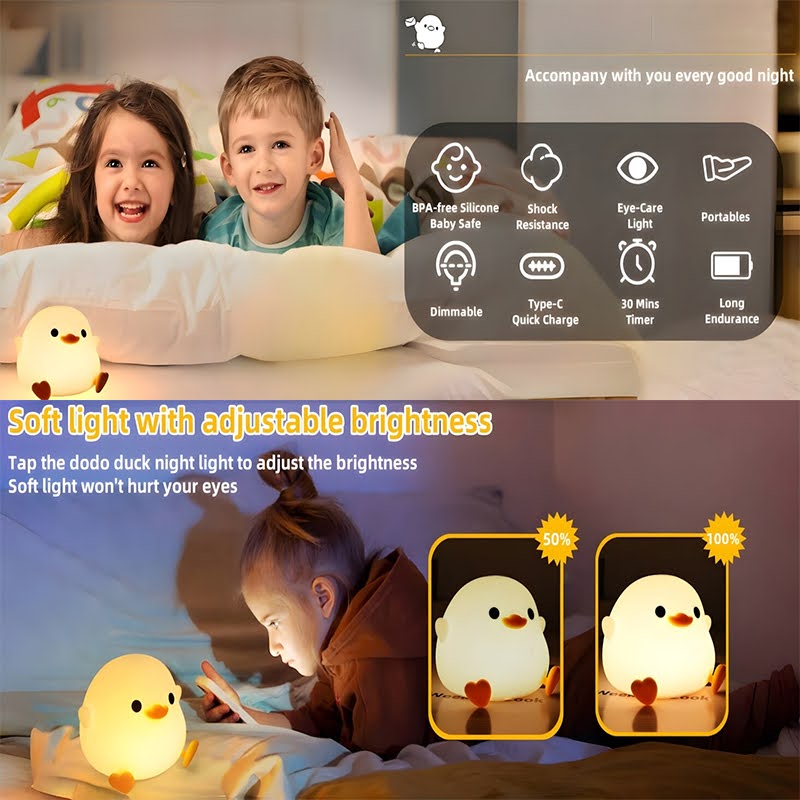 Dodo Duck Rechargeable Dimmable Night Light - Touch-Sensitive Silicone LED Lamp